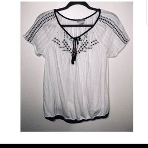 Lucky Brand White Boho Short Sleeve Blouse Large